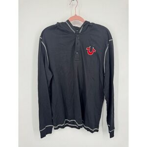 NWT True Religion Flocked Logo Hooded Henley T-Shirt Shirt Men's Large Jet Black